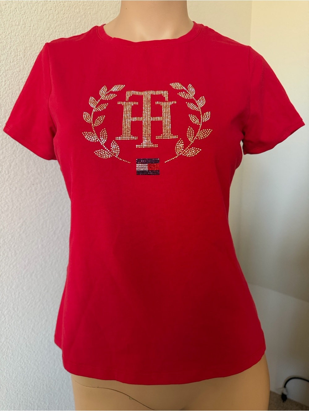 Tommy Hilfiger Red Crystal Laurel Logo Short Sleeve Tee PM